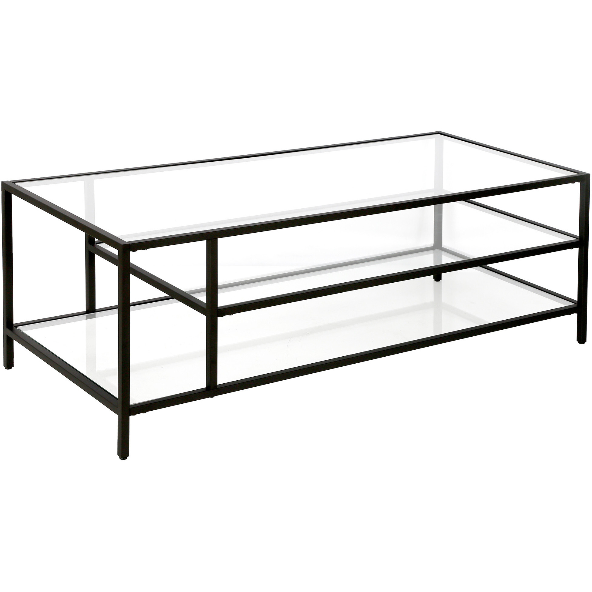 46 Black Glass Rectangular Coffee Table With Two Shelves