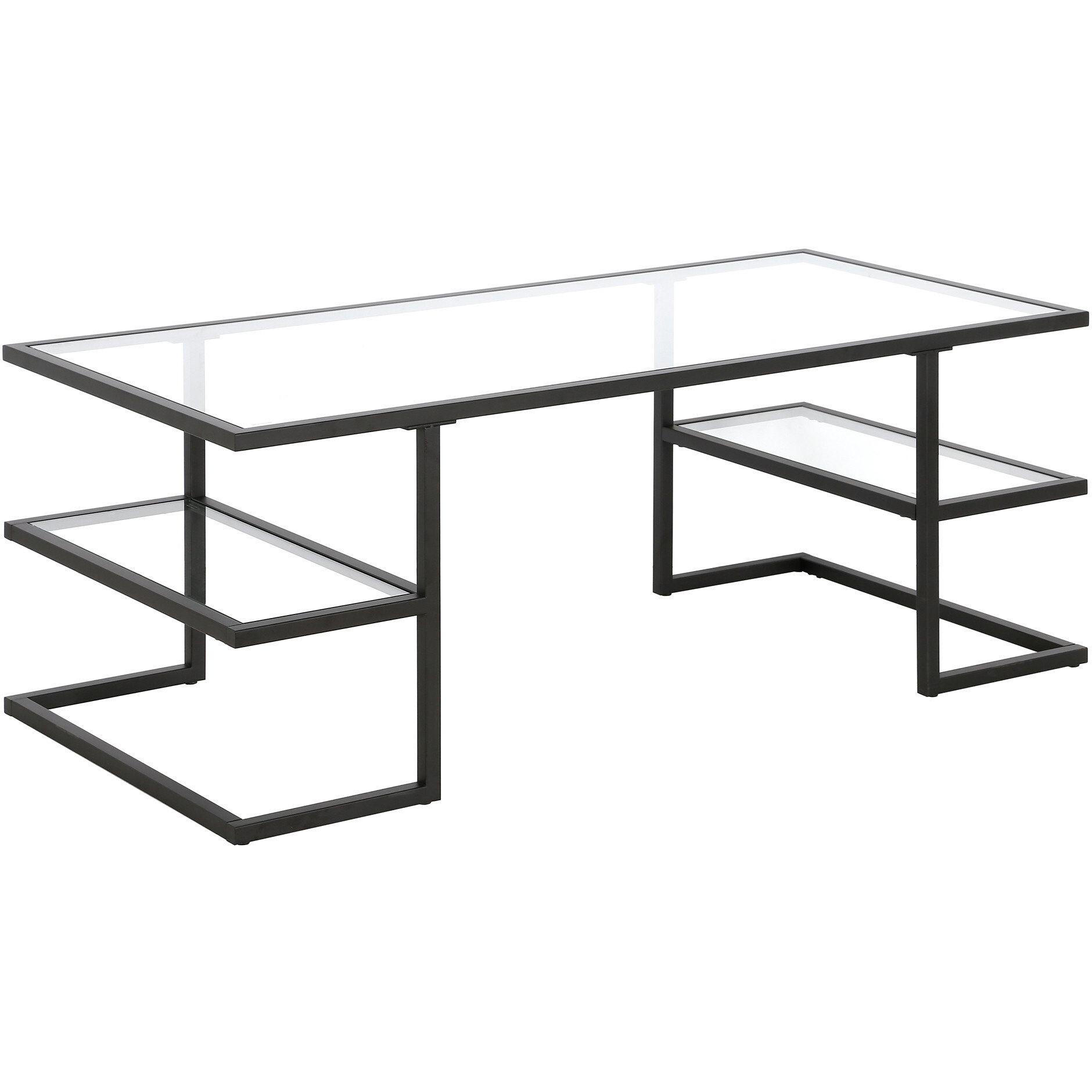 47 Black Glass Rectangular Coffee Table With Two Shelves