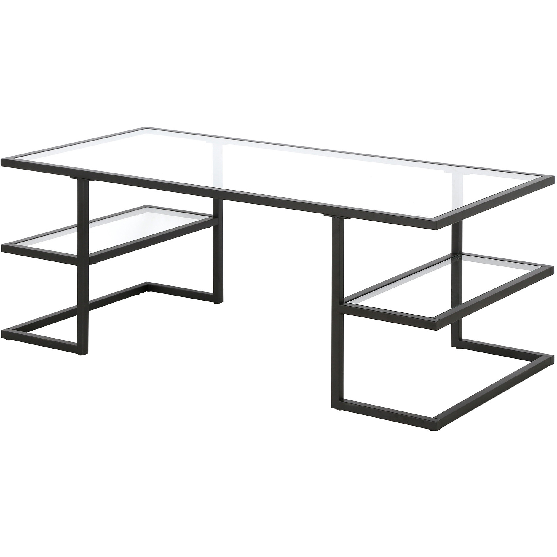 47 Black Glass Rectangular Coffee Table With Two Shelves