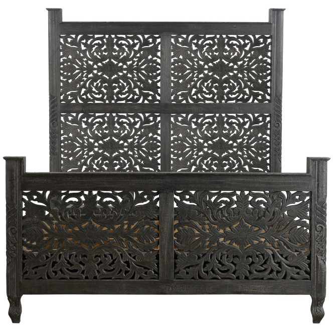 Carved Solid Wood Queen Distressed Black Bed
