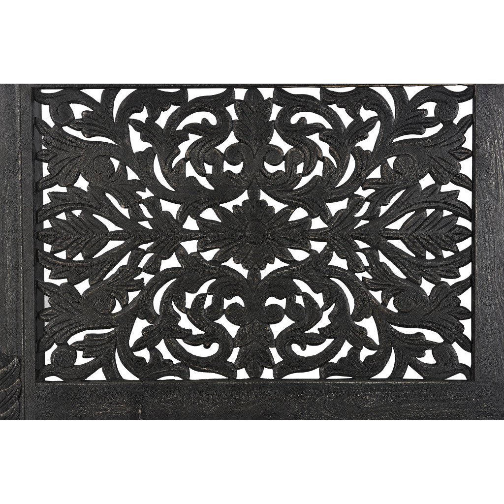 Carved Solid Wood Queen Distressed Black Bed
