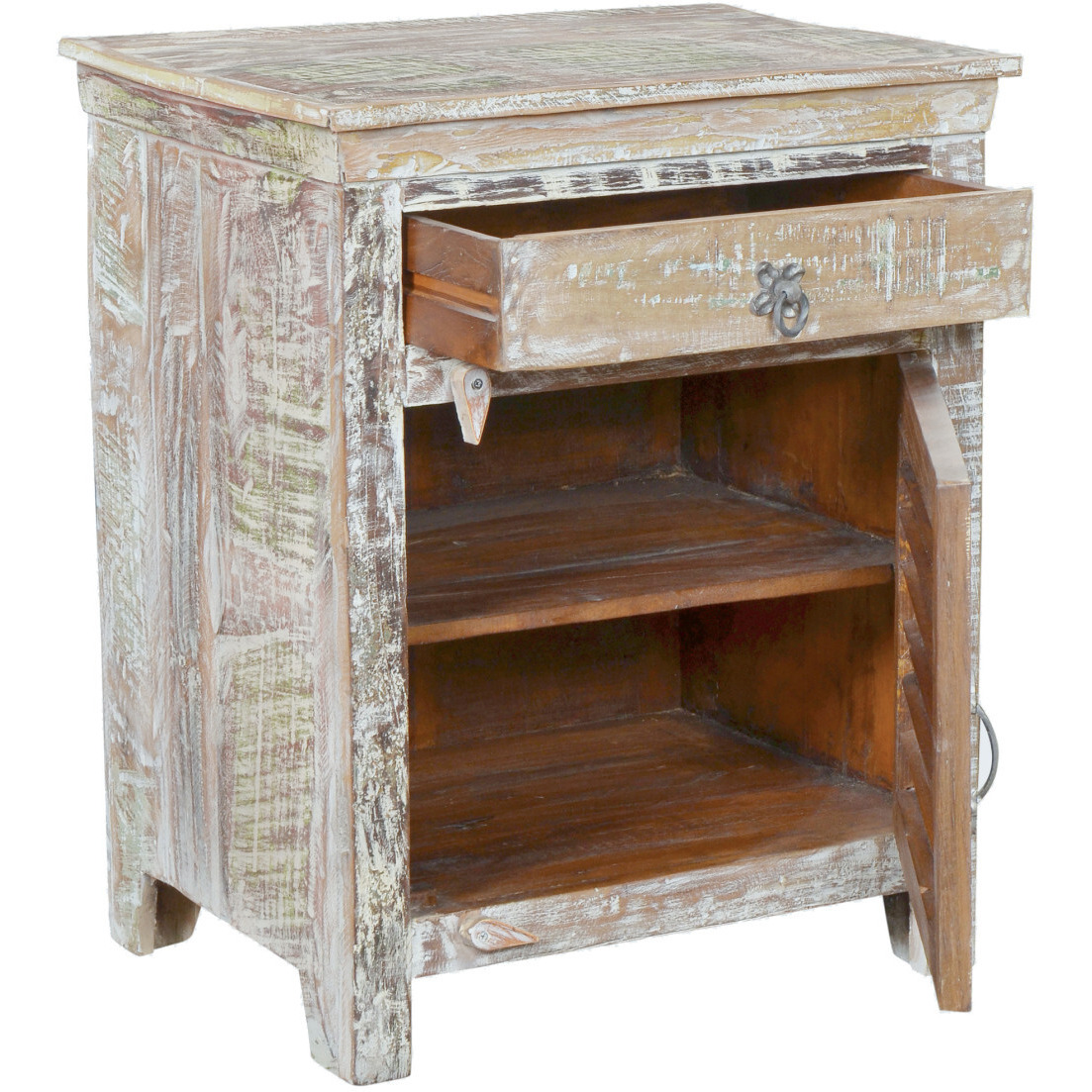 30 Distressed White One Drawer Shutter Solid Wood Nightstand