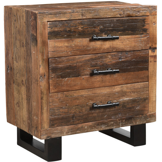 30 Distressed Dark Brown Three Drawer Wood And Metal Nightstand