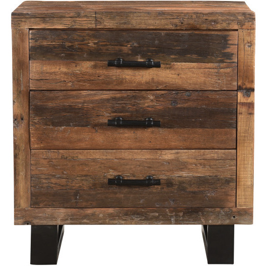 30 Distressed Dark Brown Three Drawer Wood And Metal Nightstand