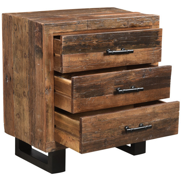 30 Distressed Dark Brown Three Drawer Wood And Metal Nightstand