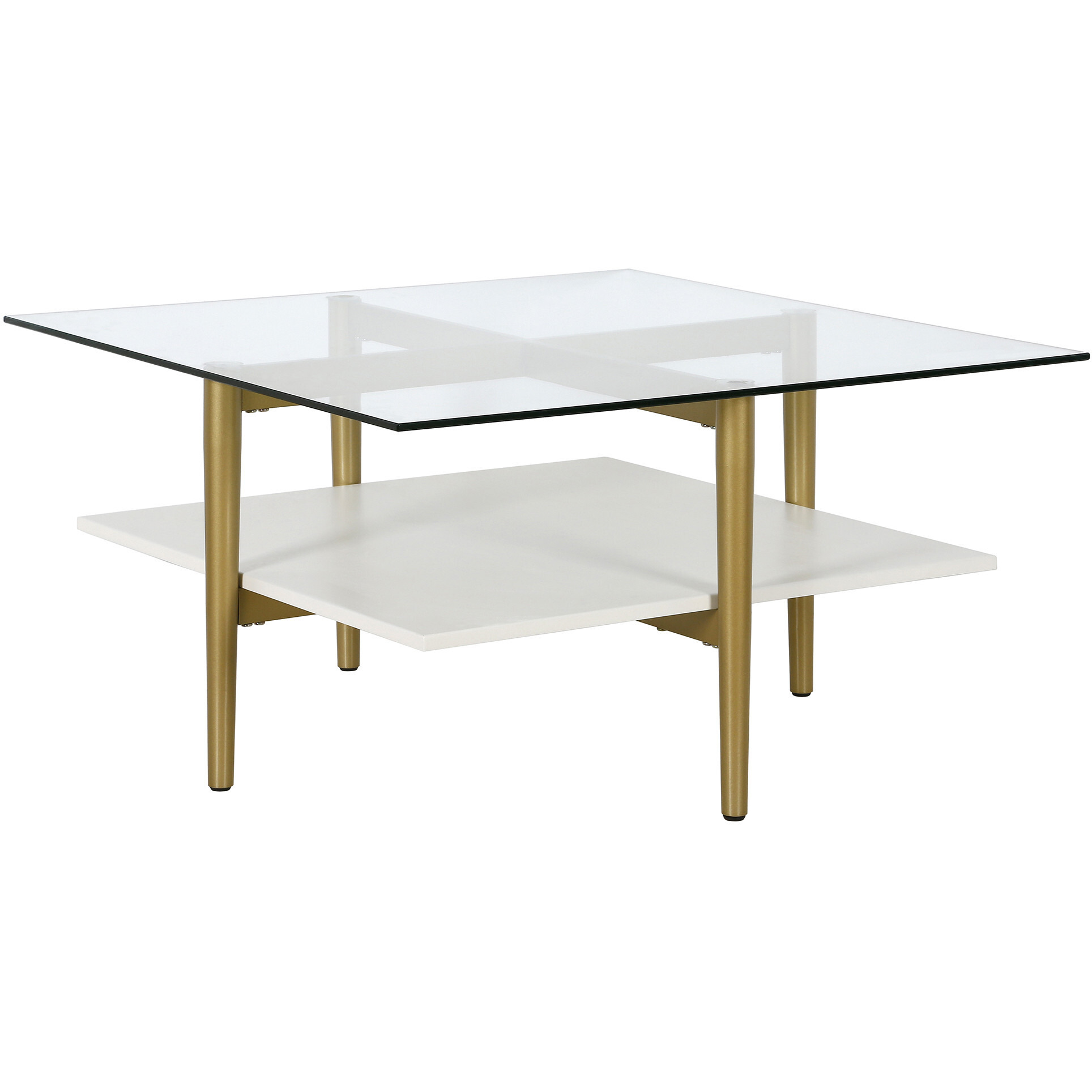 32 Gold And White Glass Square Coffee Table With Shelf