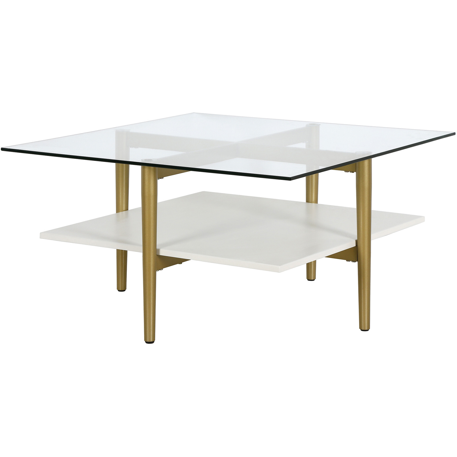 32 Gold And White Glass Square Coffee Table With Shelf