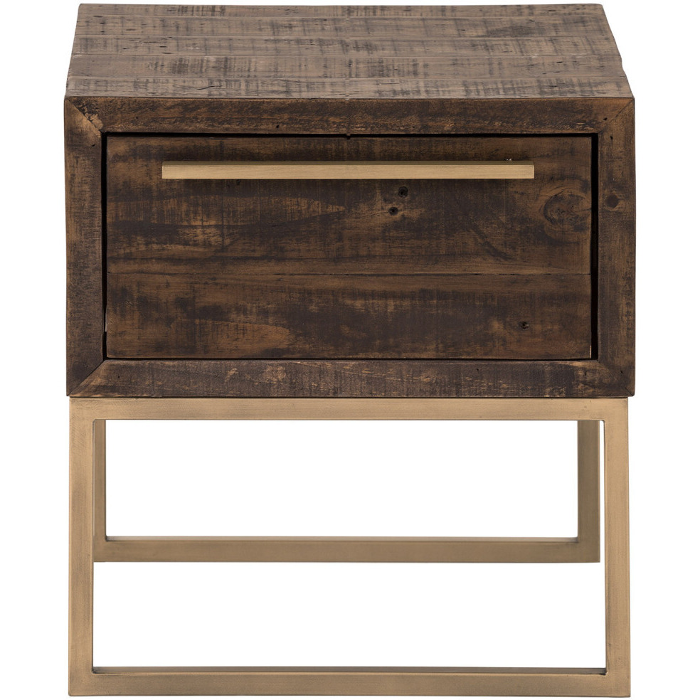 18 Antiqued Brass And Brown Reclaimed Wood End Table With Drawer