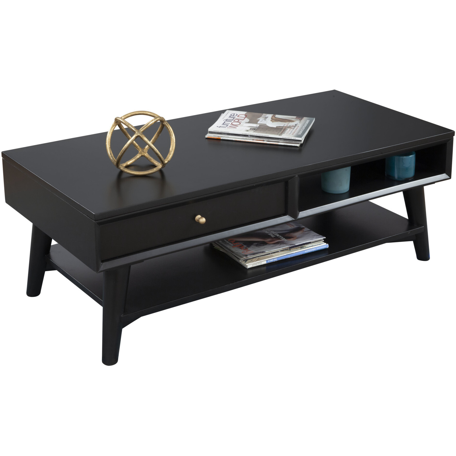 48 Black Solid And Manufactured Wood Coffee Table With Drawer
