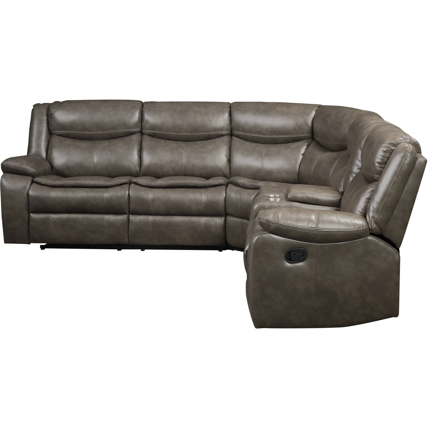 Taupe Leather Match Reclining Curved Three Piece Corner Sectional With Console