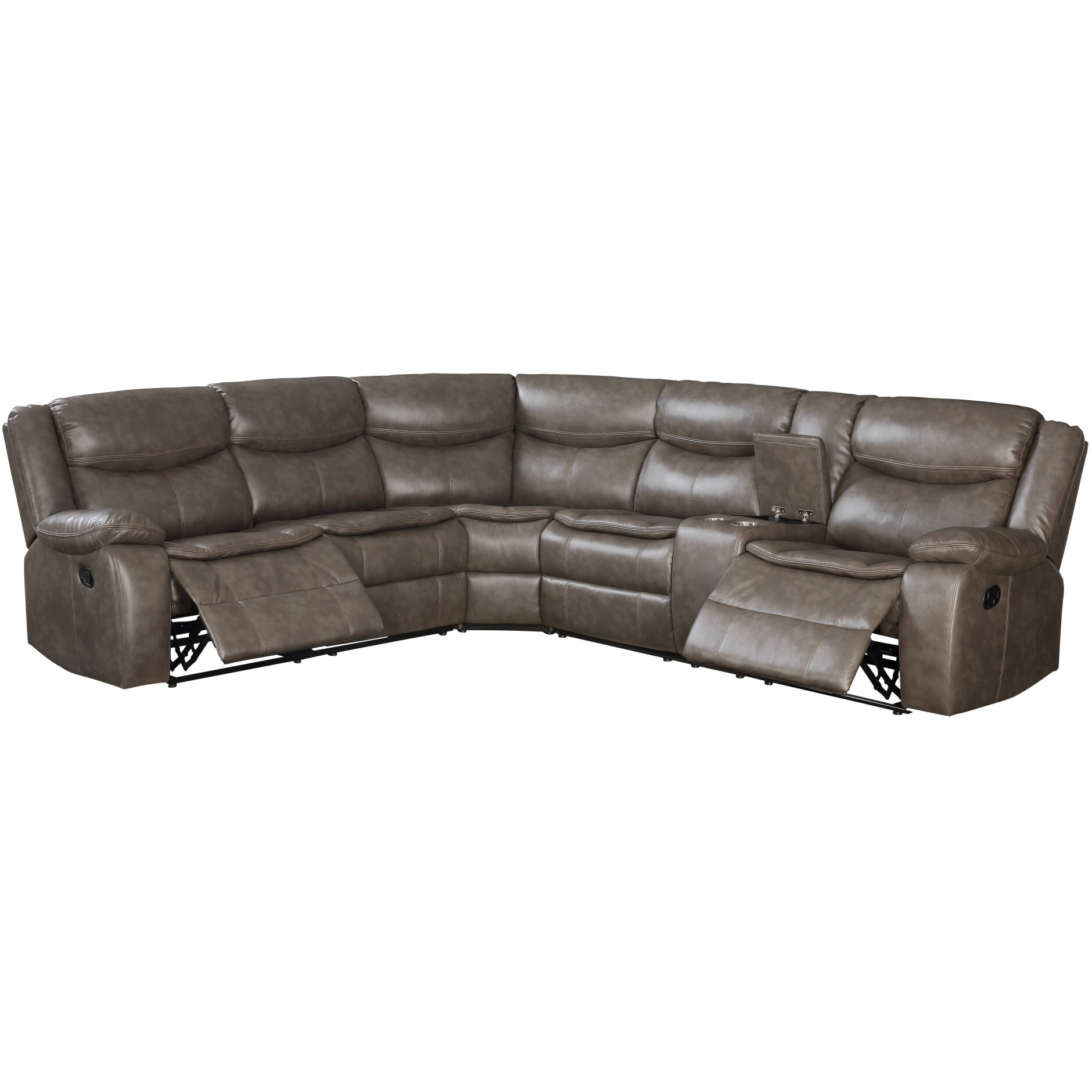 Taupe Leather Match Reclining Curved Three Piece Corner Sectional With Console