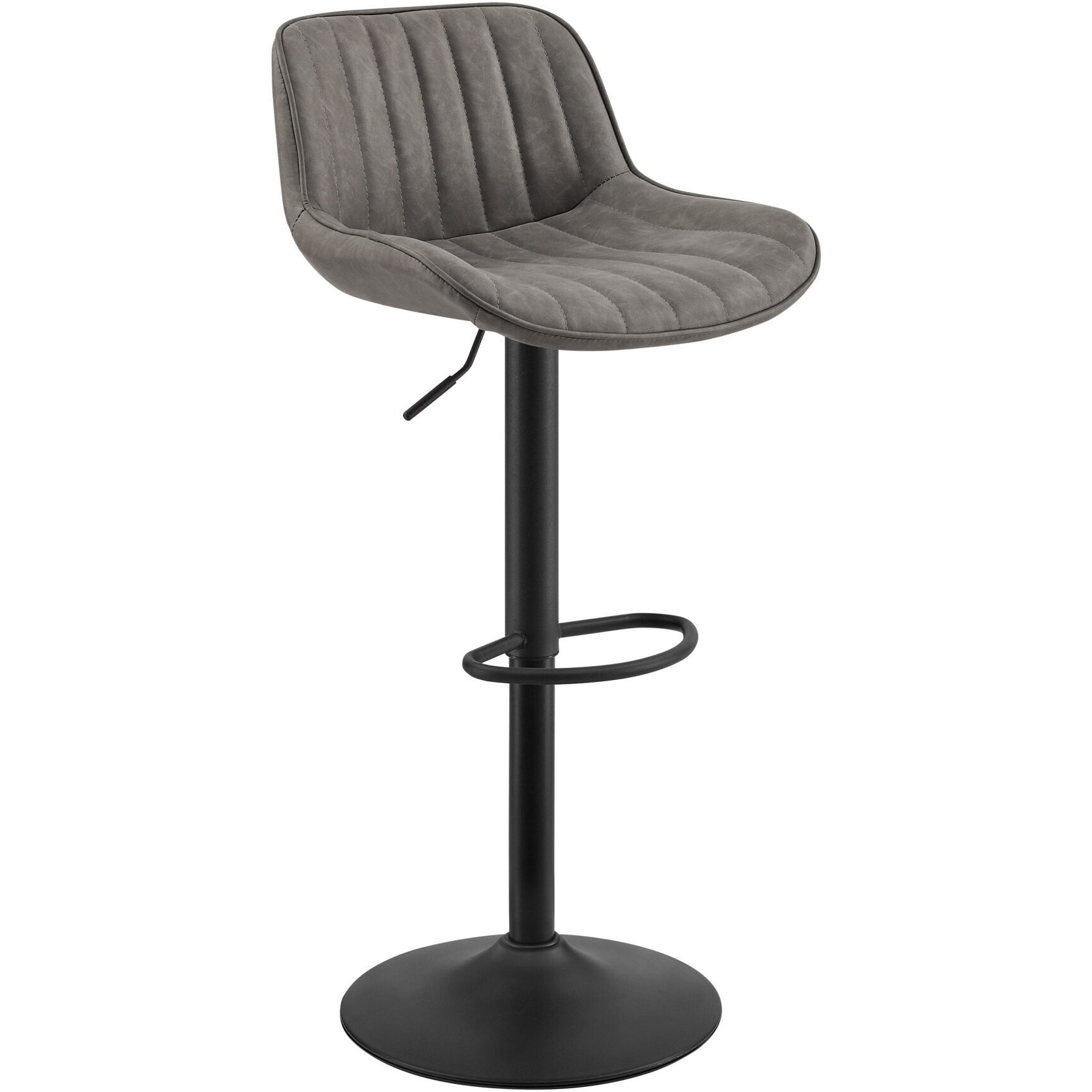 Set Of Two 42 Gray And Black Faux Leather And Steel Swivel Low Back Adjustable Height Bar Chairs With Footrest