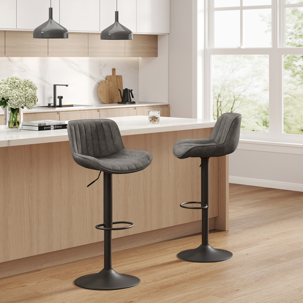 Set Of Two 42 Gray And Black Faux Leather And Steel Swivel Low Back Adjustable Height Bar Chairs With Footrest