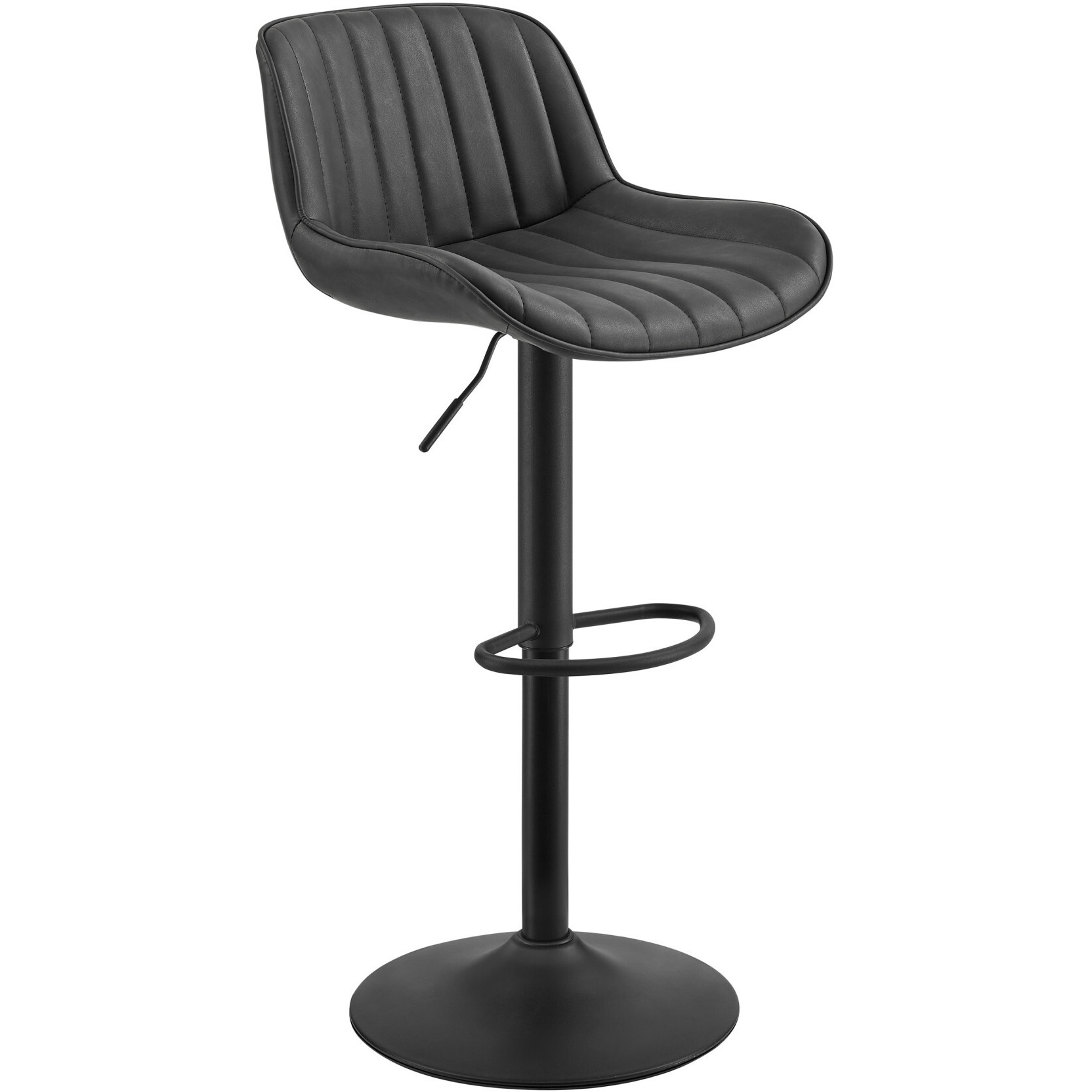 Set Of Two 42 Black Faux Leather And Steel Swivel Low Back Adjustable Height Bar Chairs With Footrest