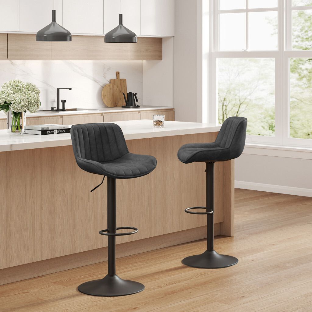 Set Of Two 42 Black Faux Leather And Steel Swivel Low Back Adjustable Height Bar Chairs With Footrest