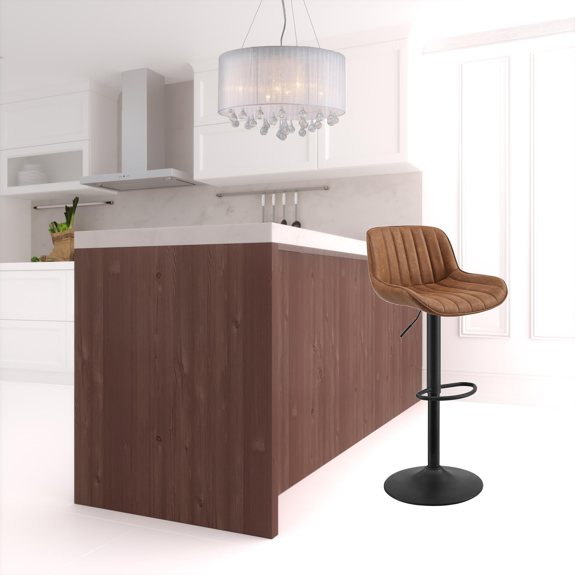 Set Of Two 42 Brown And Black Faux Leather And Steel Swivel Low Back Adjustable Height Bar Chairs With Footrest