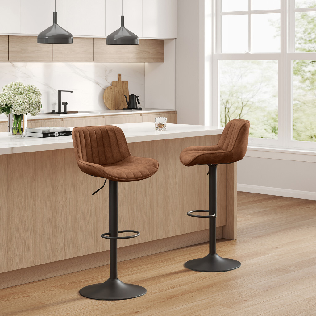 Set Of Two 42 Brown And Black Faux Leather And Steel Swivel Low Back Adjustable Height Bar Chairs With Footrest