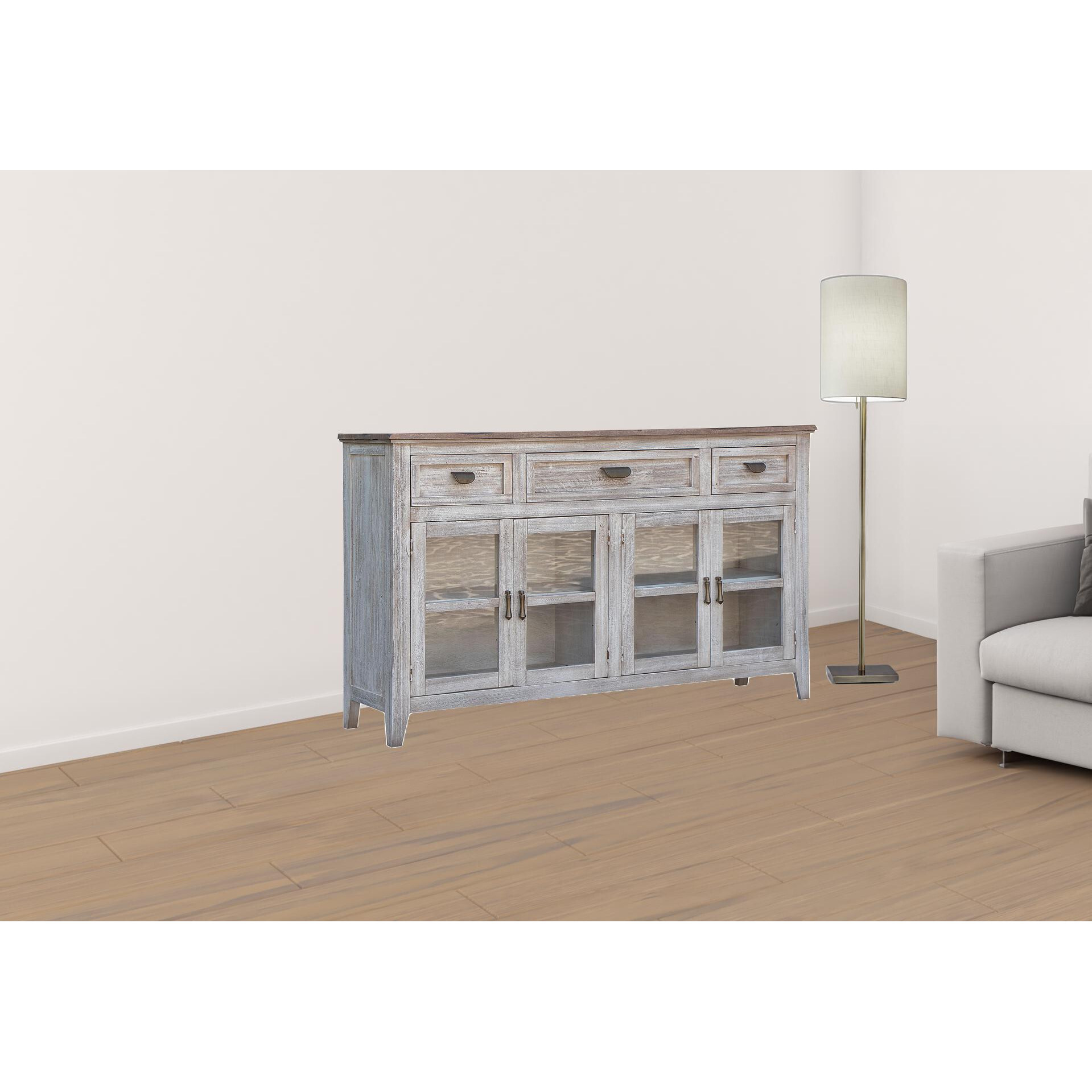 67 White Solid And Manufactured Wood Distressed Credenza