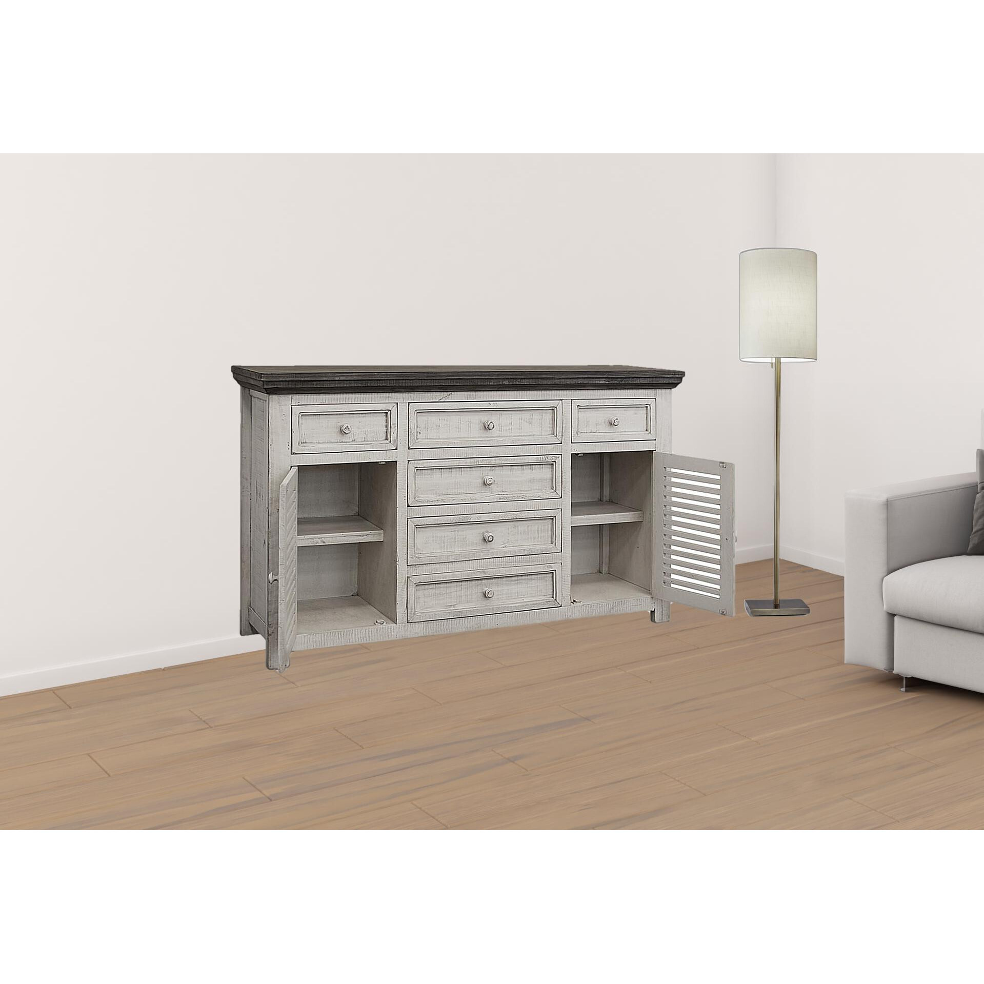 70 Antiqued White Solid And Manufactured Wood Distressed Buffet Table