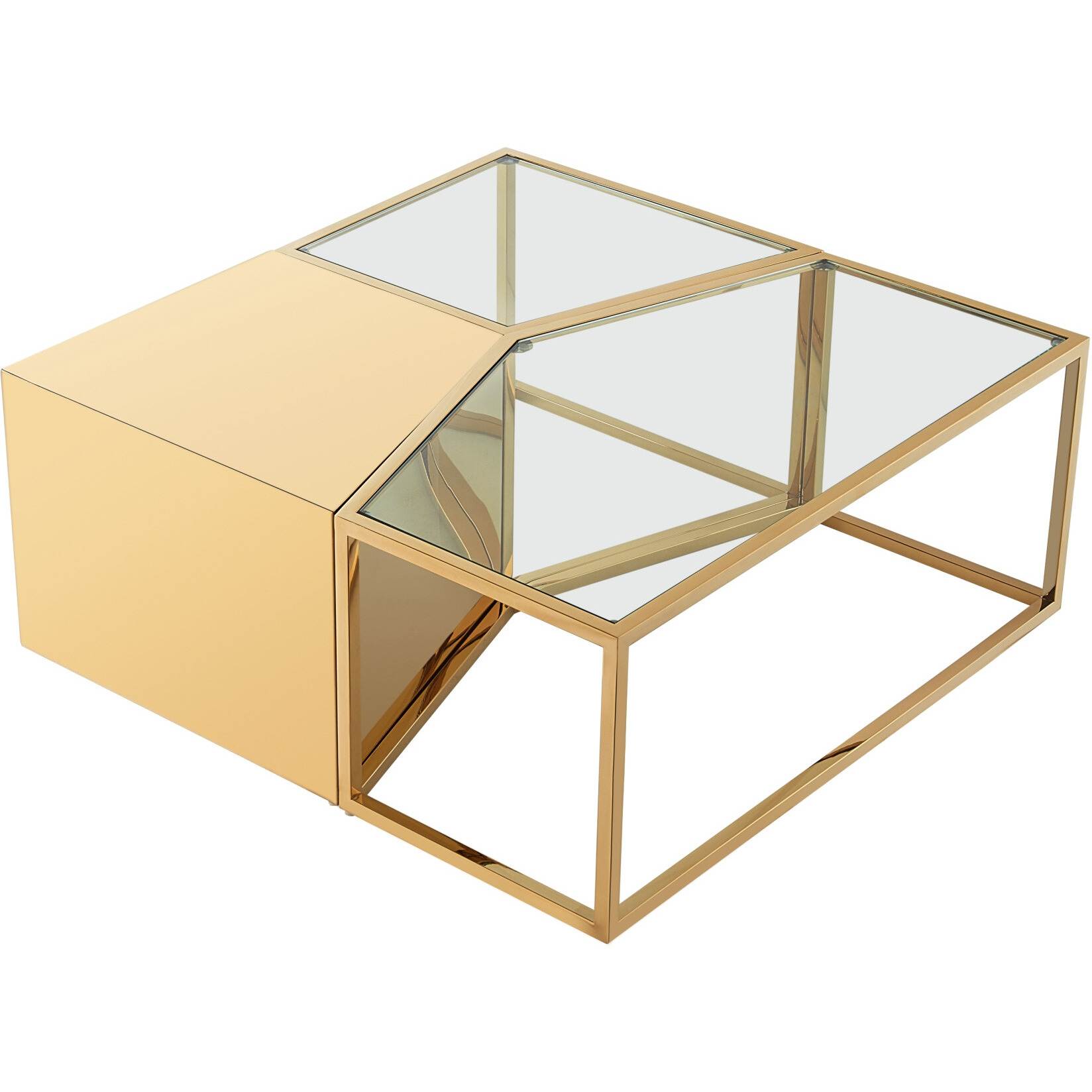 Set Of Three Gold Glass Geometric Mirrored Bunching Coffee Tables