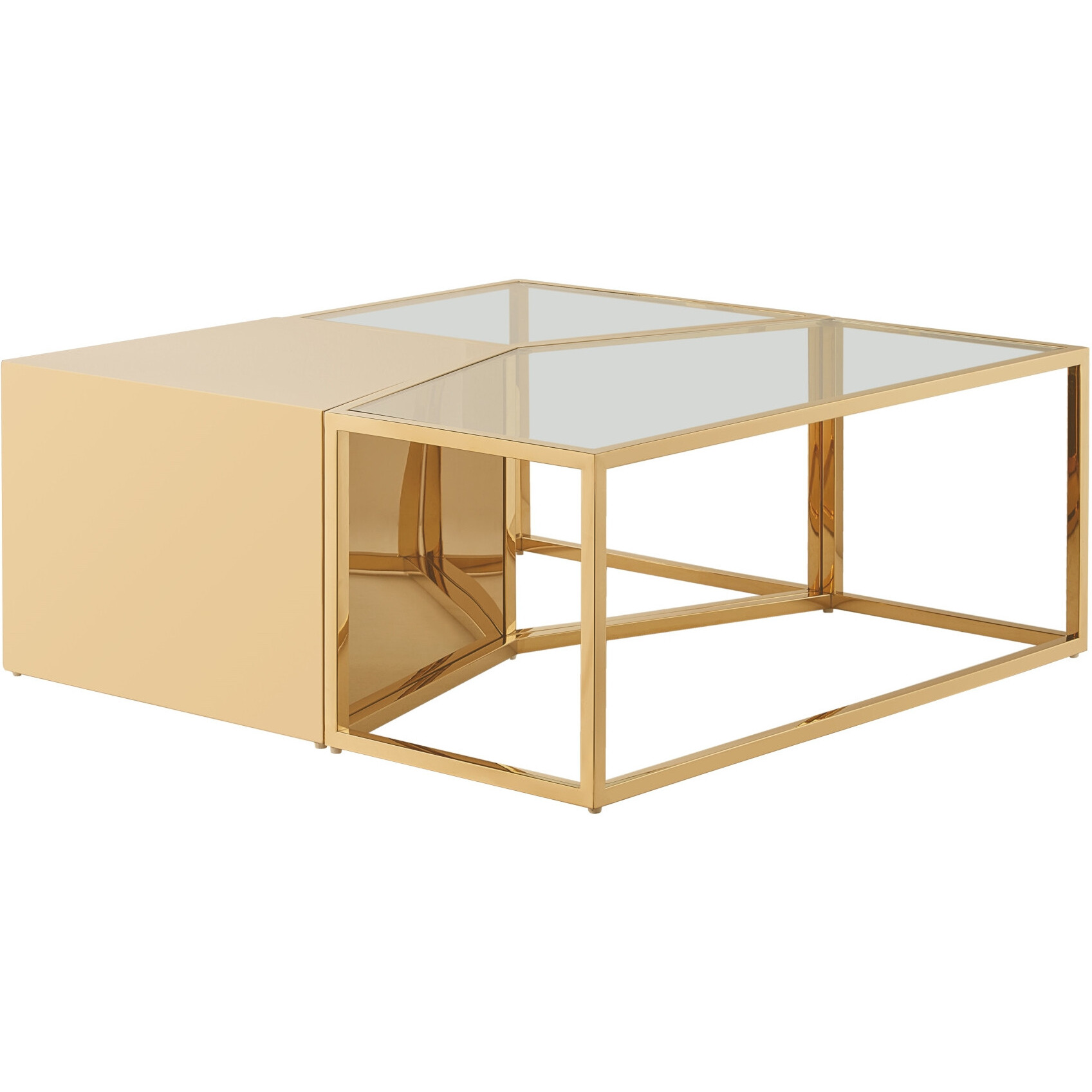 Set Of Three Gold Glass Geometric Mirrored Bunching Coffee Tables