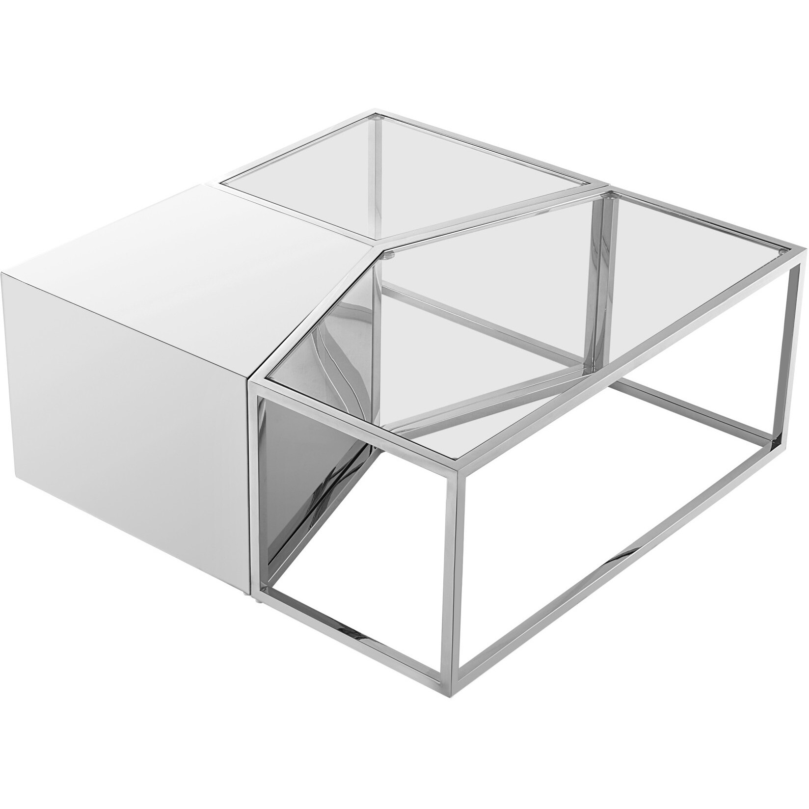 Set Of Three 37 Silver Glass Geometric Mirrored Bunching Coffee Tables