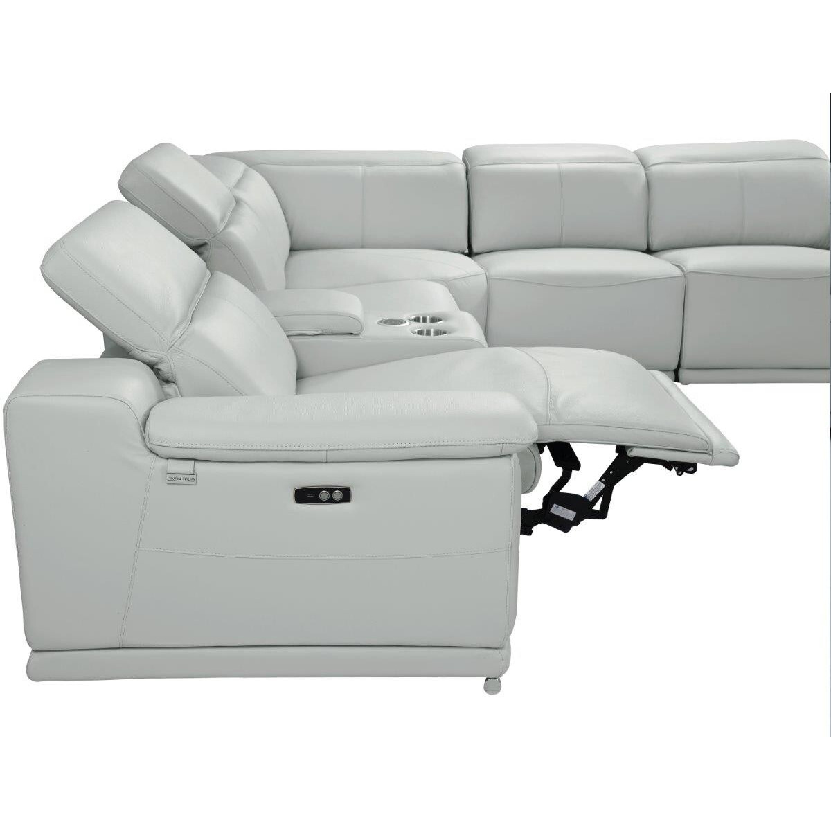 Light Gray Italian Leather Power Reclining U Shaped Five Piece Corner Sectional With Console