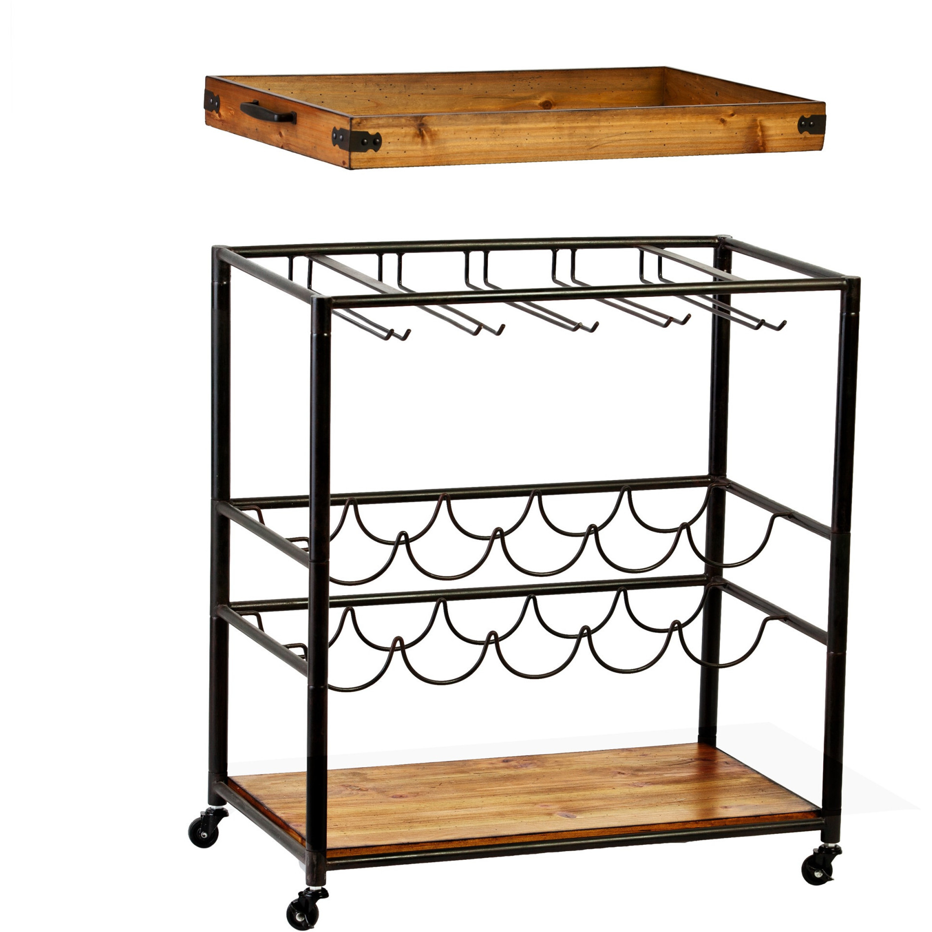 Brown And Black Metal Bar Cart With Wine Storage