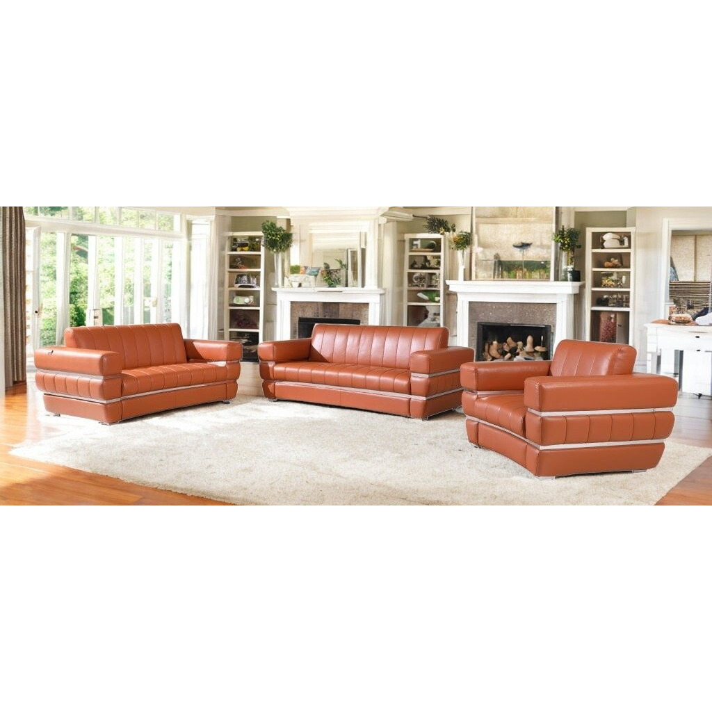 Three Piece Indoor Camel Italian Leather Six Person Seating Set