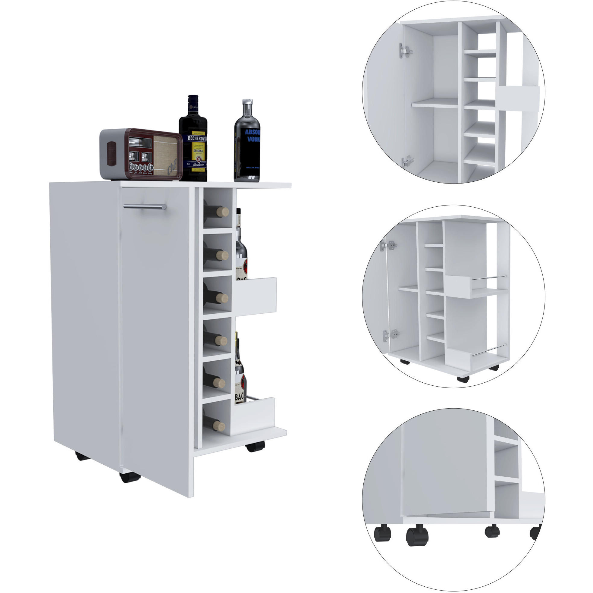 White Rolling Bar Cart With Wine Storage