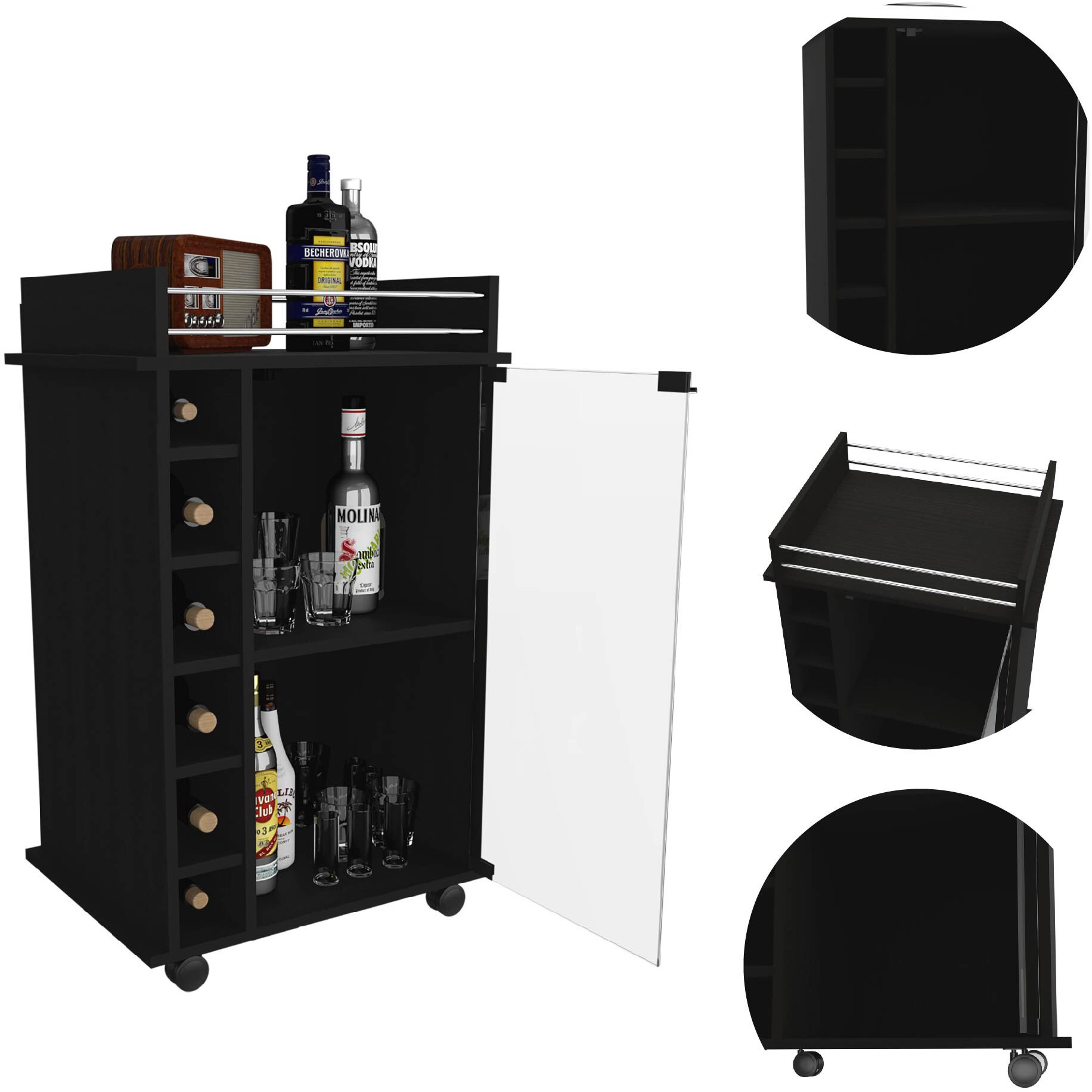 Black Rolling Bar Cart With Wine Storage