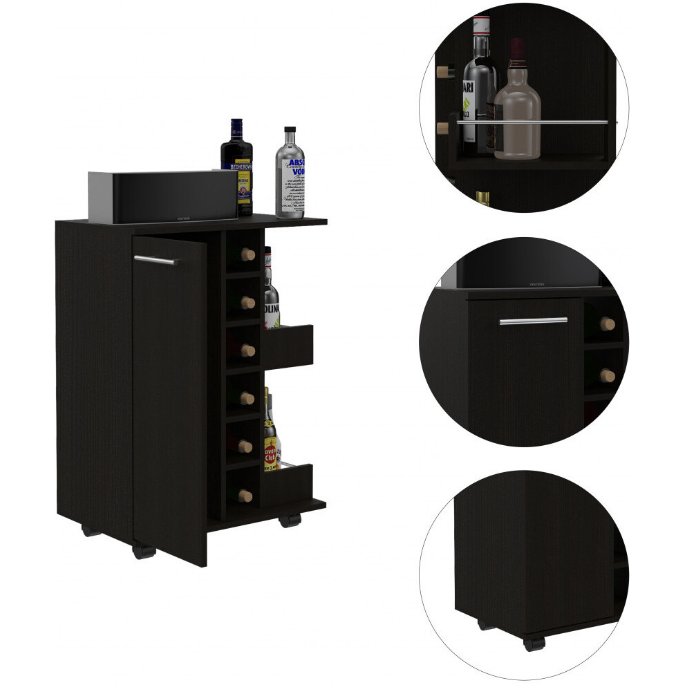 Black Rolling Bar Cart With Wine Storage