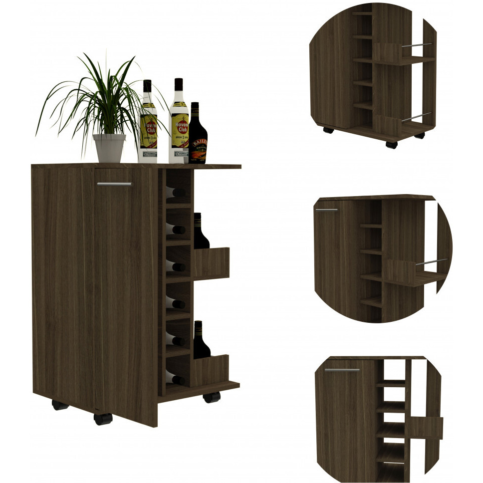 Brown Rolling Bar Cart With Wine Storage