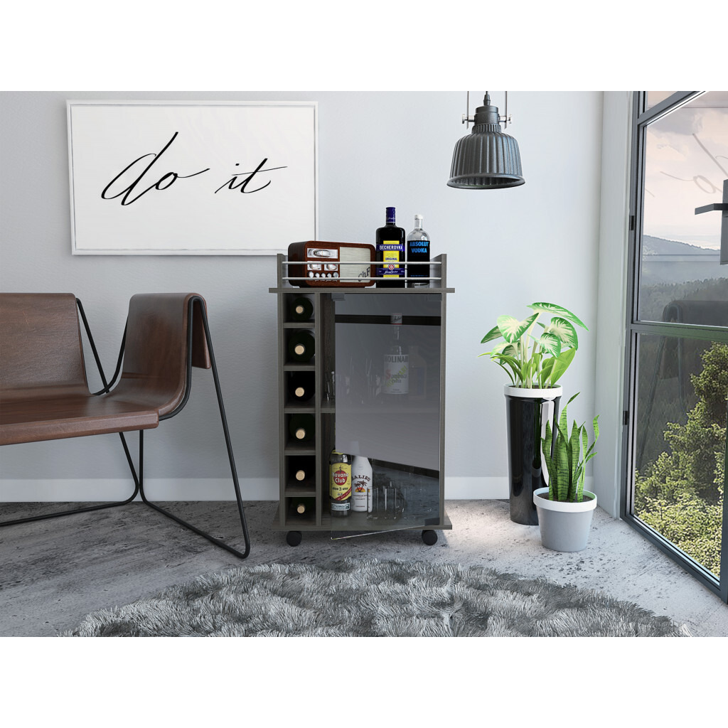 Espresso Rolling Bar Cart With Wine Storage