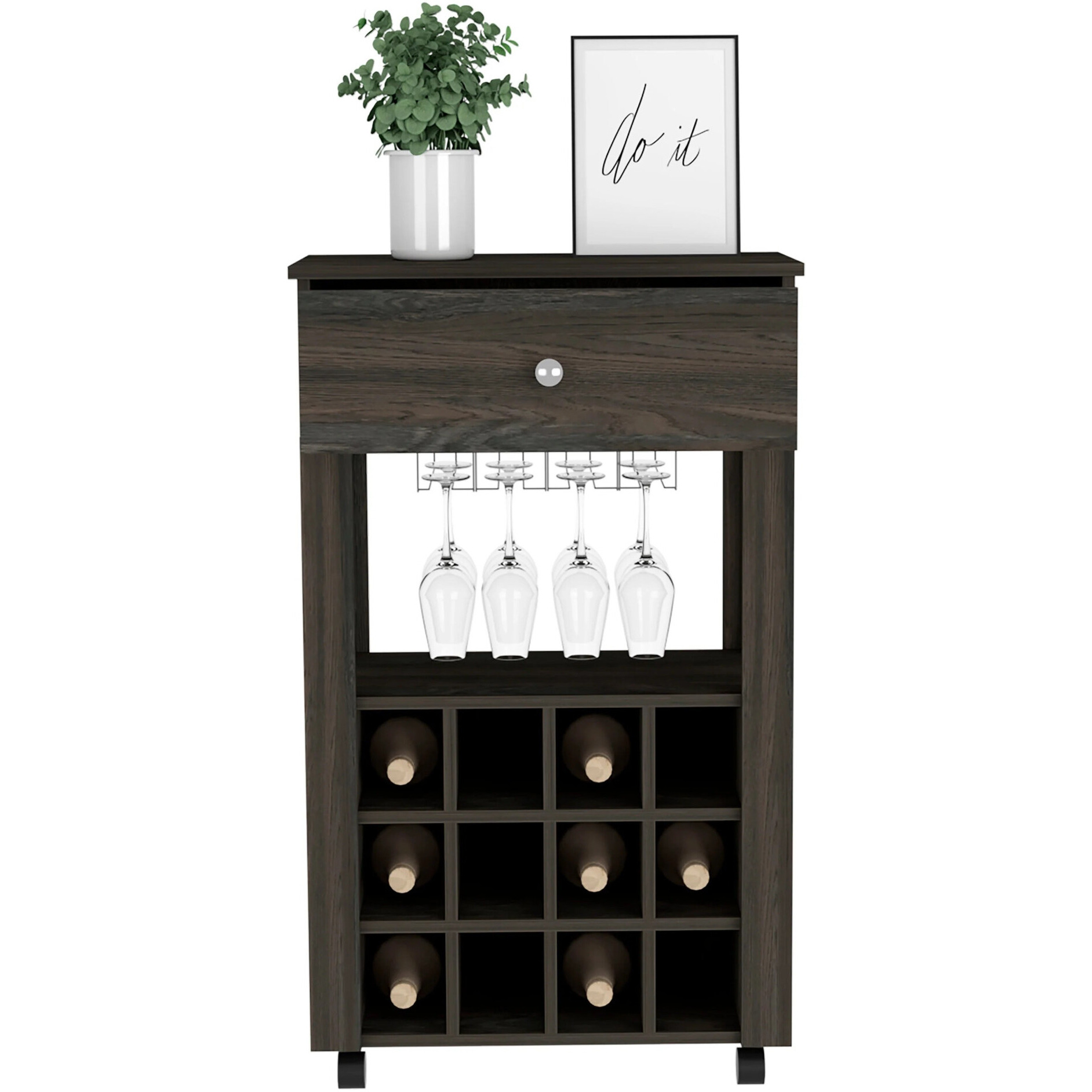 Espresso Rolling Bar Cart With Wine Storage