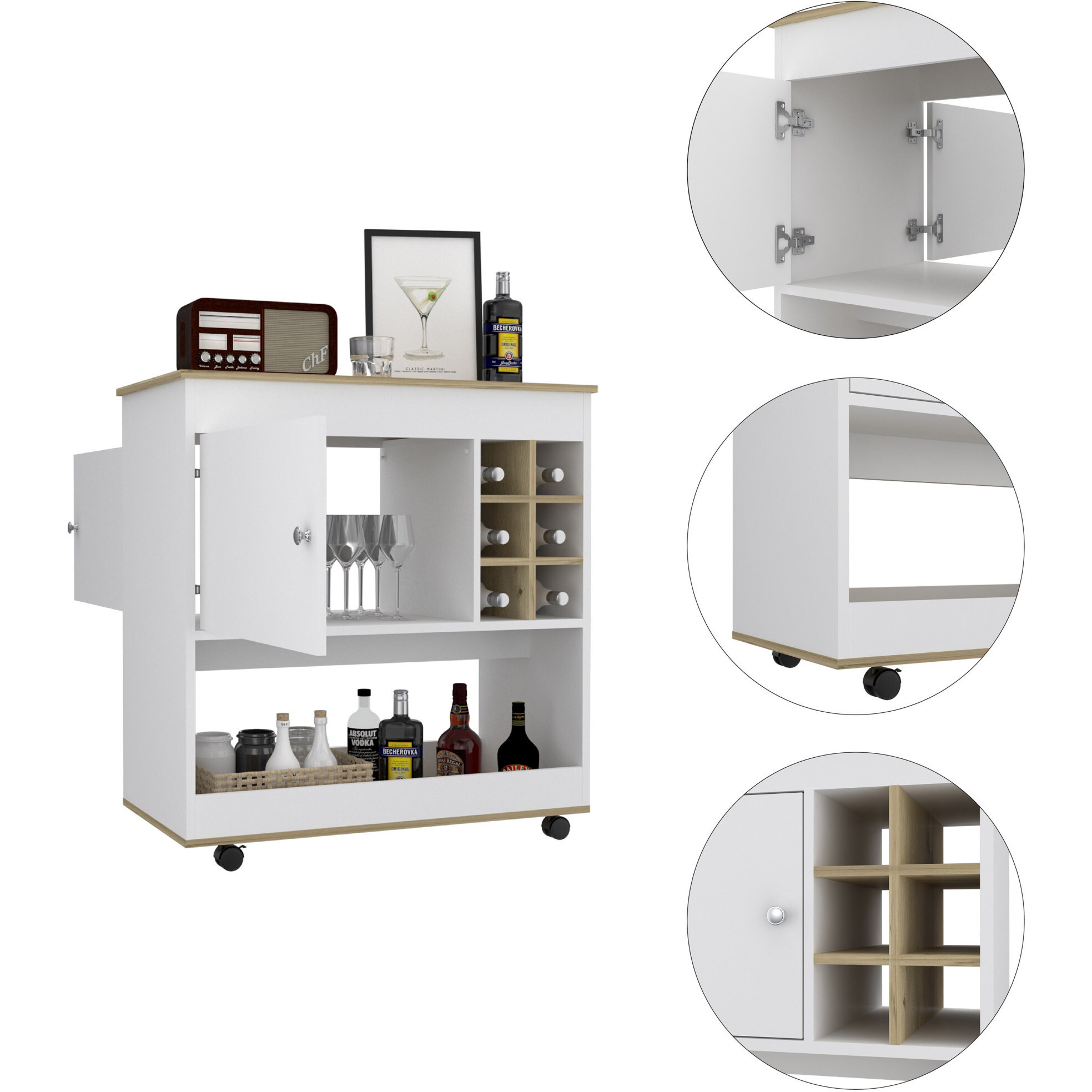 Brown And White Rolling Bar Cart With Wine Storage