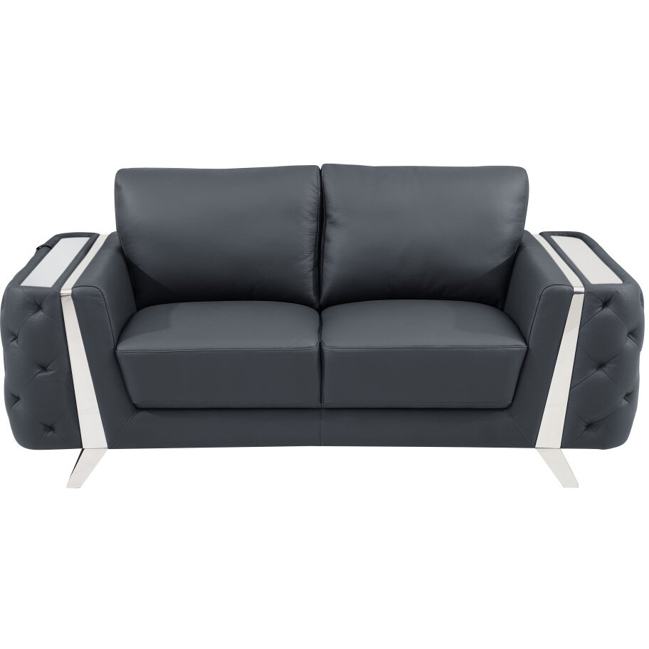 72"" Dark Gray And Silver Genuine Leather Love Seat