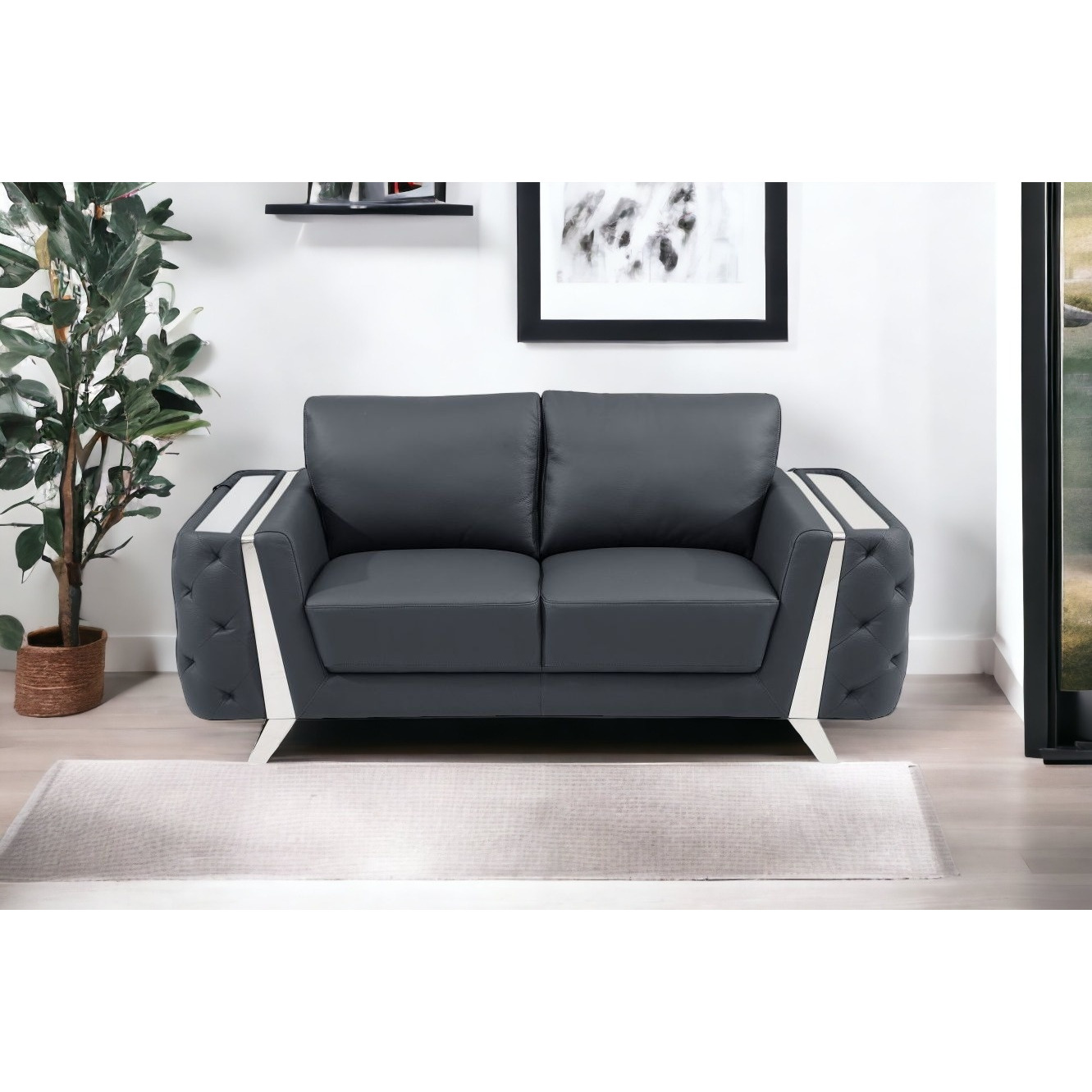 72"" Dark Gray And Silver Genuine Leather Love Seat