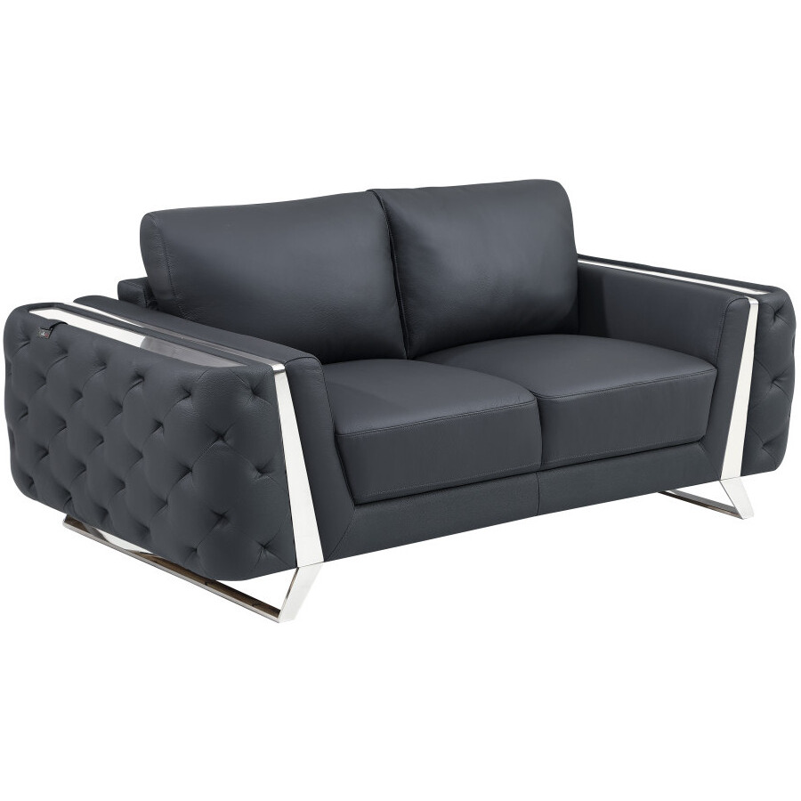 72"" Dark Gray And Silver Genuine Leather Love Seat