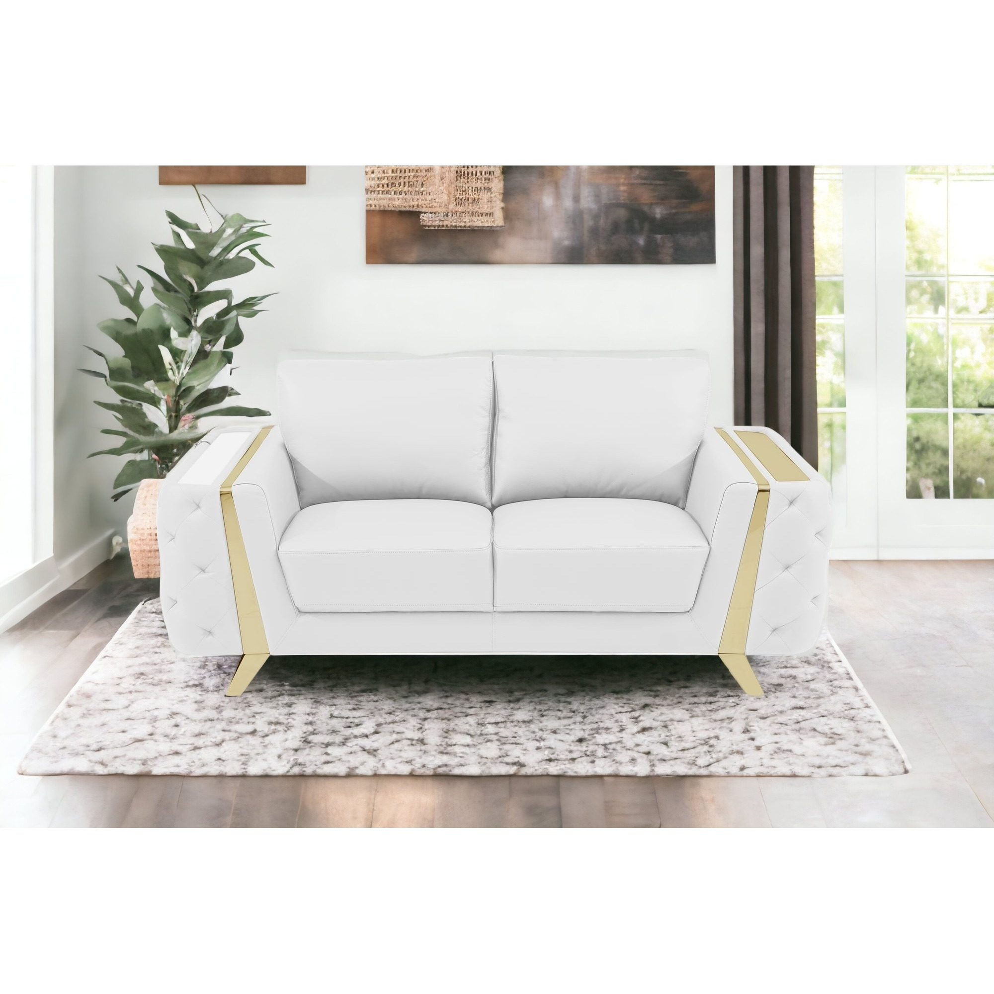 72"" White And Gold Genuine Leather Love Seat