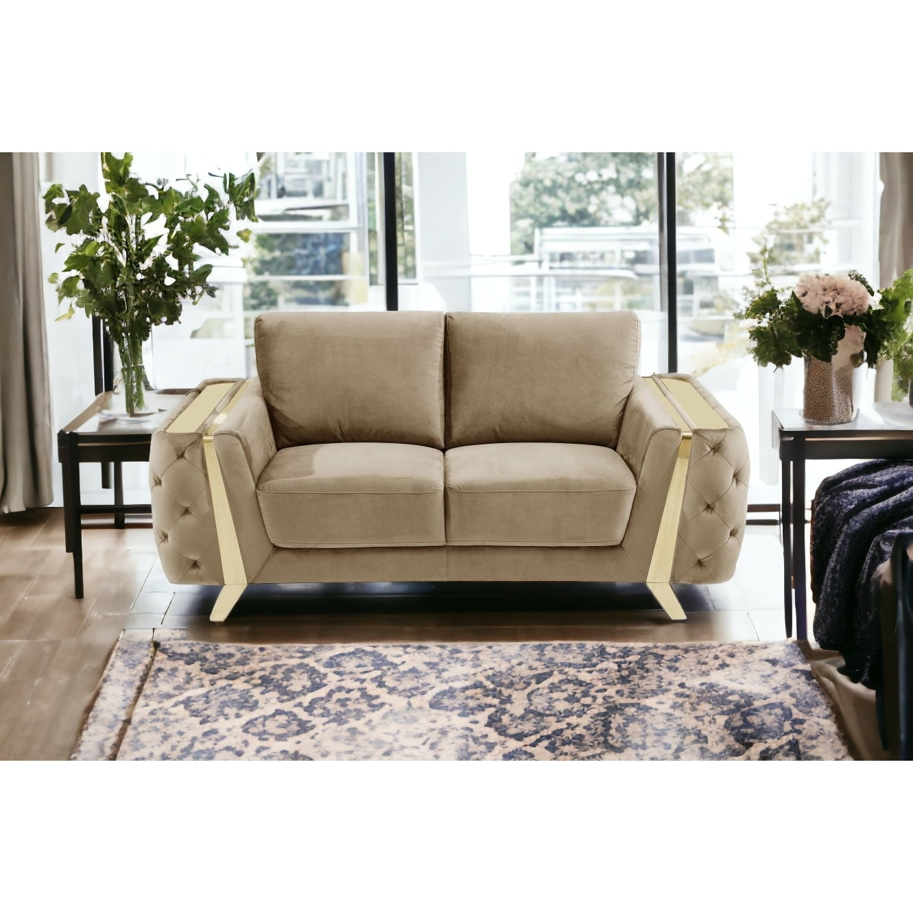72"" Beige And Gold Velvet Love Seat