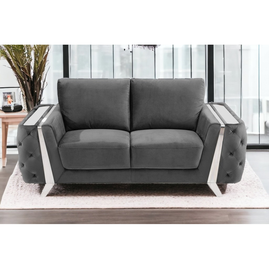 72"" Dark Gray And Silver Velvet Love Seat
