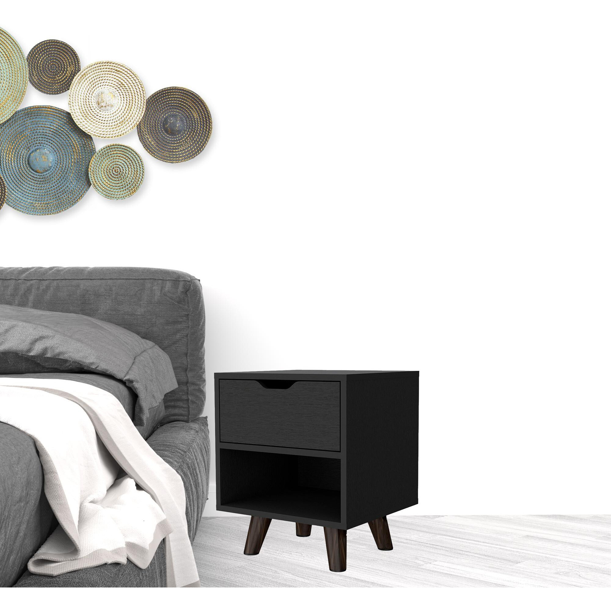 19"" Black One Drawer Faux Wood Nightstand