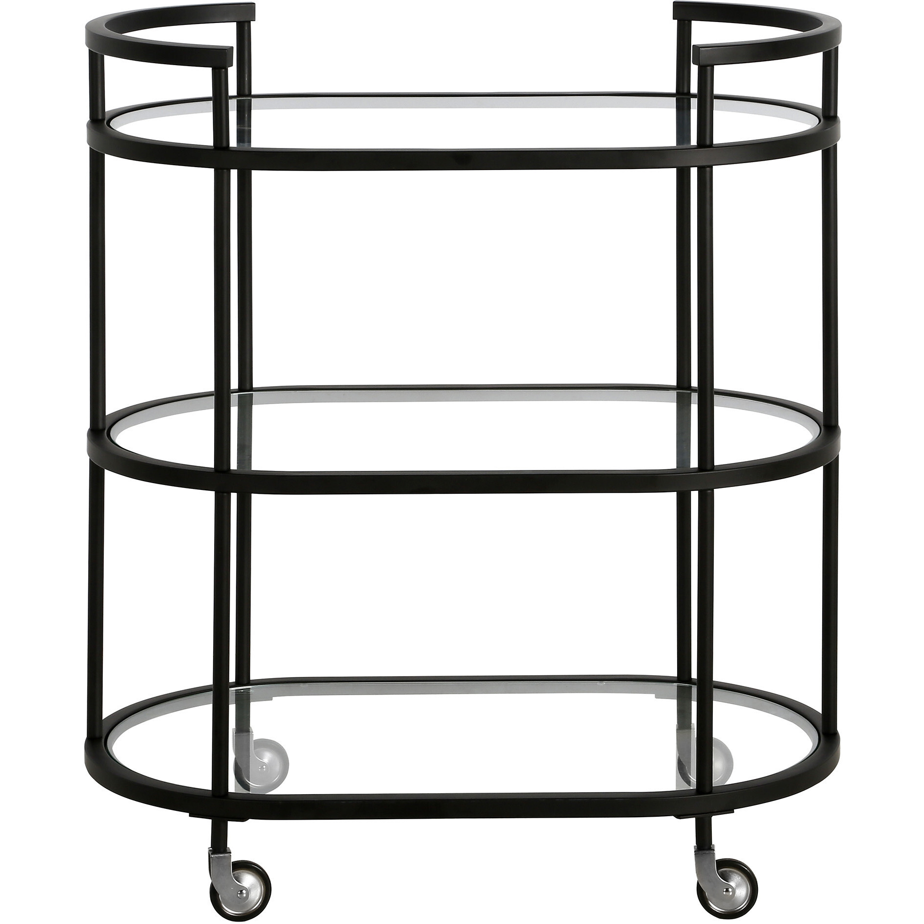 Black Steel And Glass Oval Rolling Bar Cart