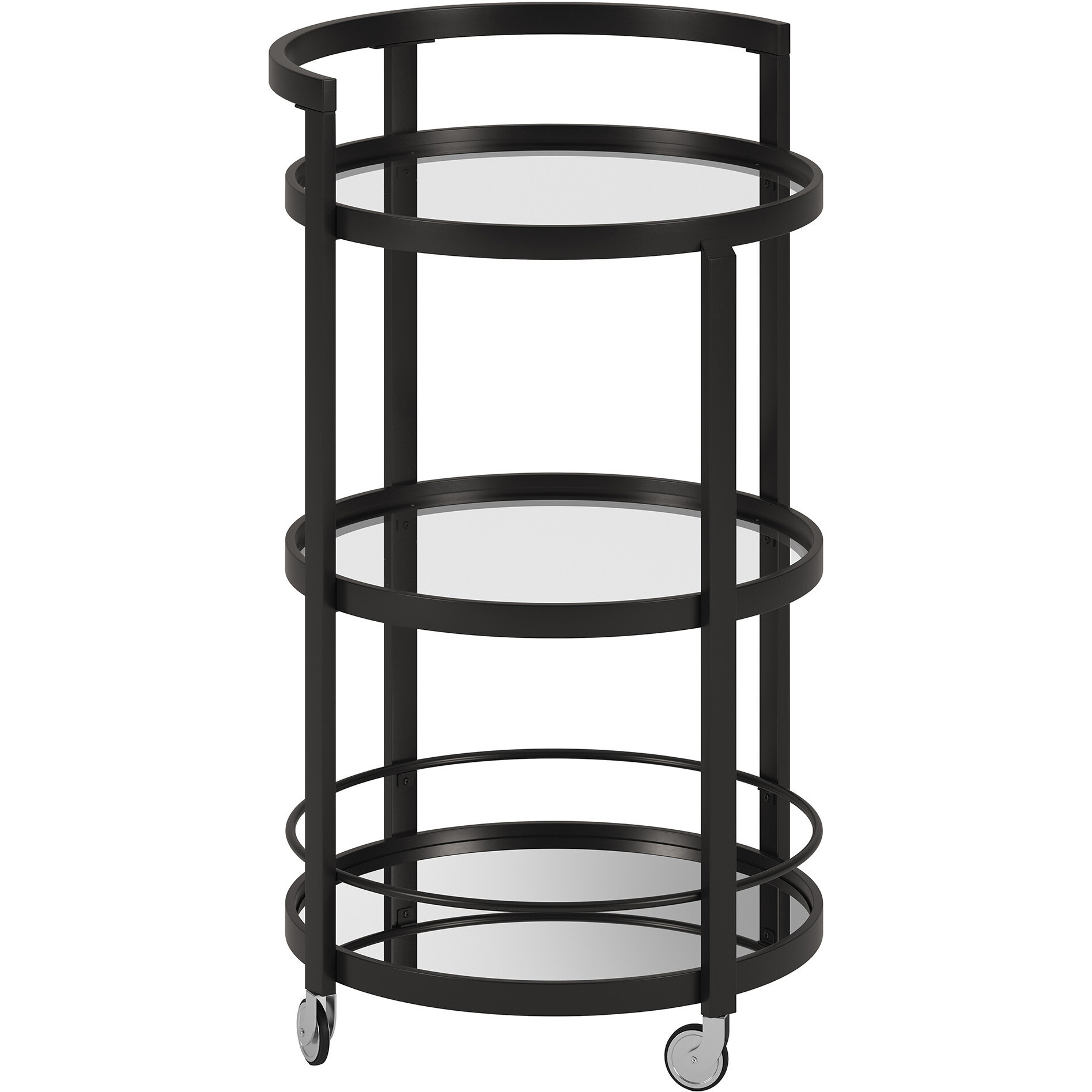 Black Steel And Glass Round Rolling Bar Cart