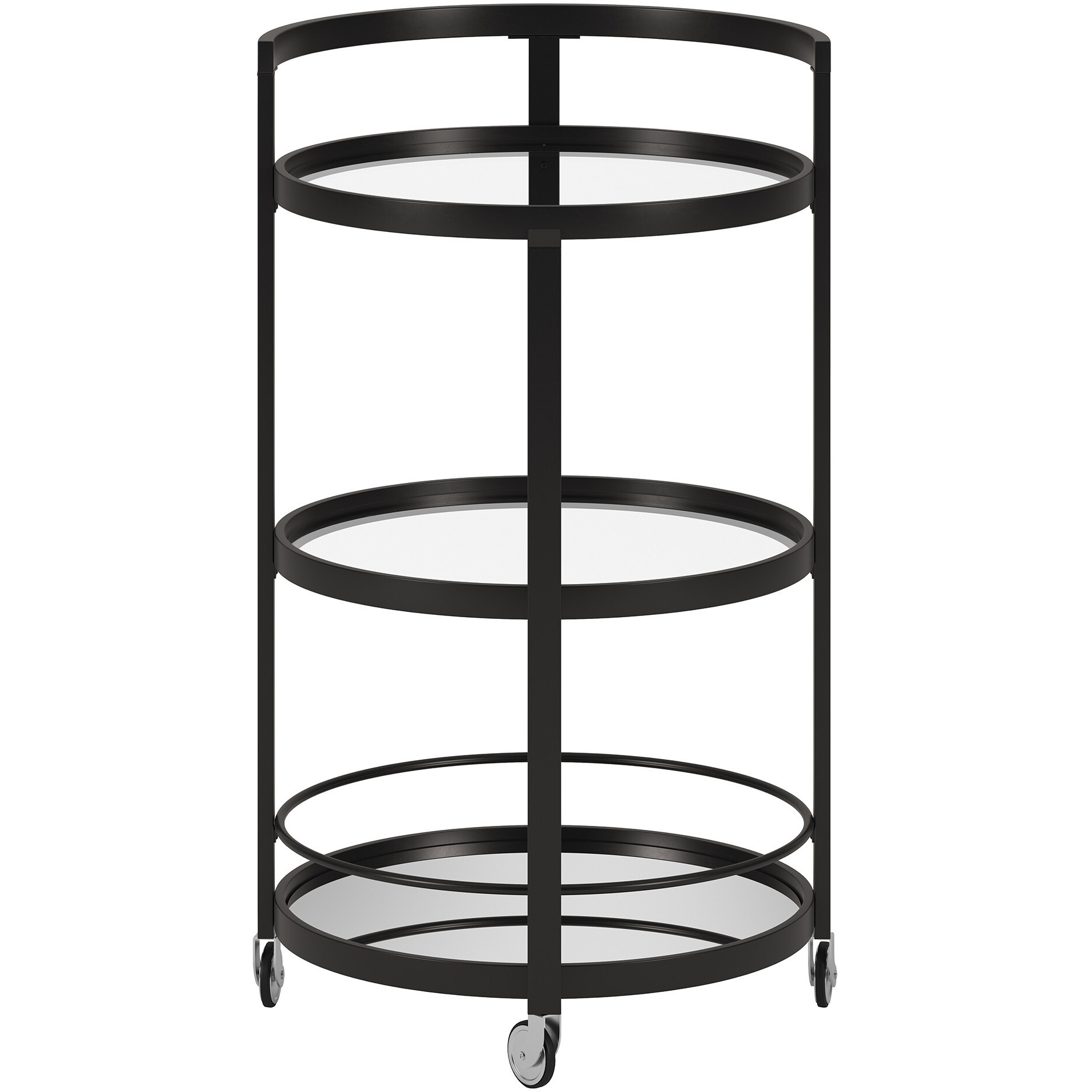 Black Steel And Glass Round Rolling Bar Cart