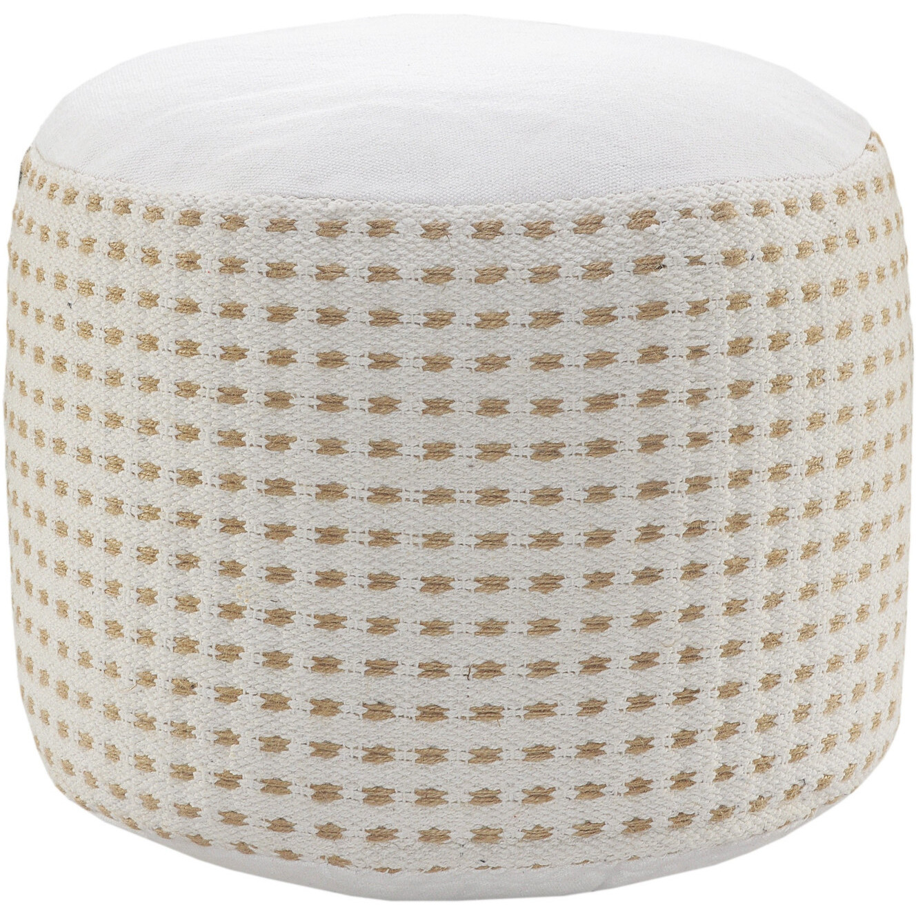 18"" White Jute Round Geometric Pouf Ottoman