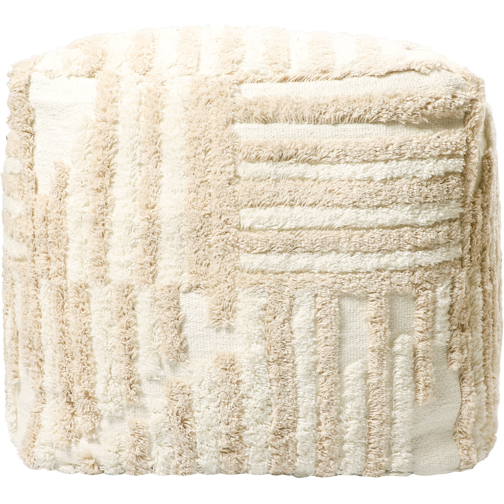 18"" Beige Cotton Cube Striped Pouf Ottoman