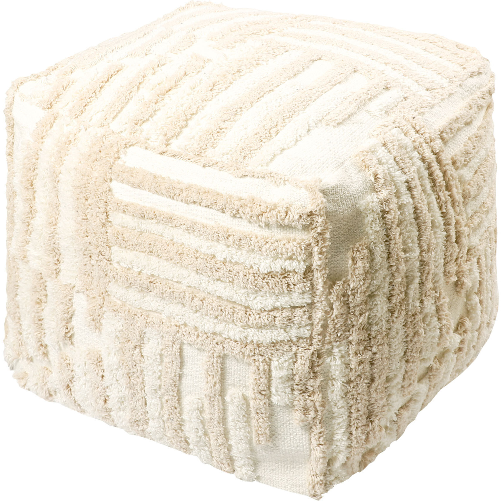 18"" Beige Cotton Cube Striped Pouf Ottoman