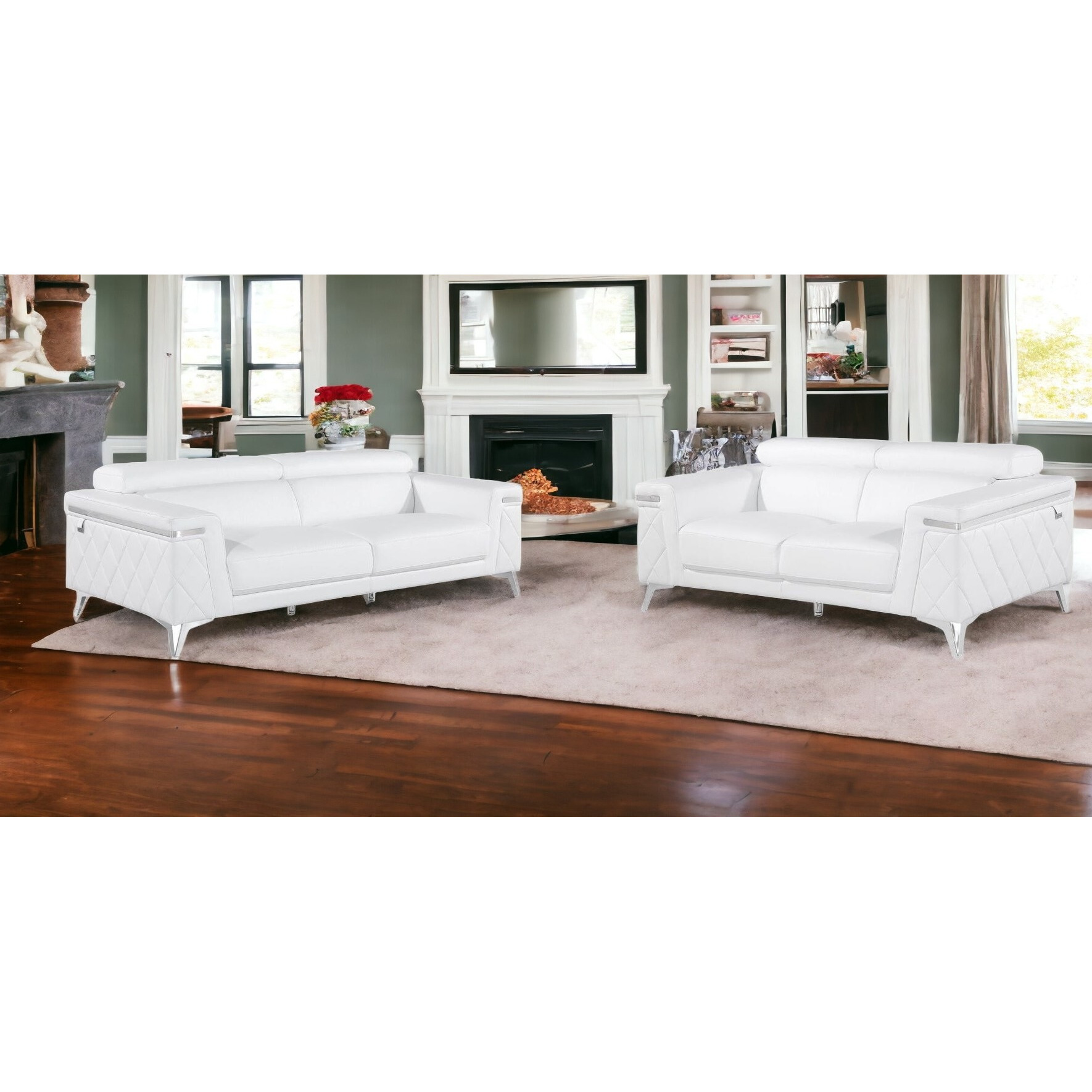 Two Piece Indoor White Italian Leather Five Person Seating Set